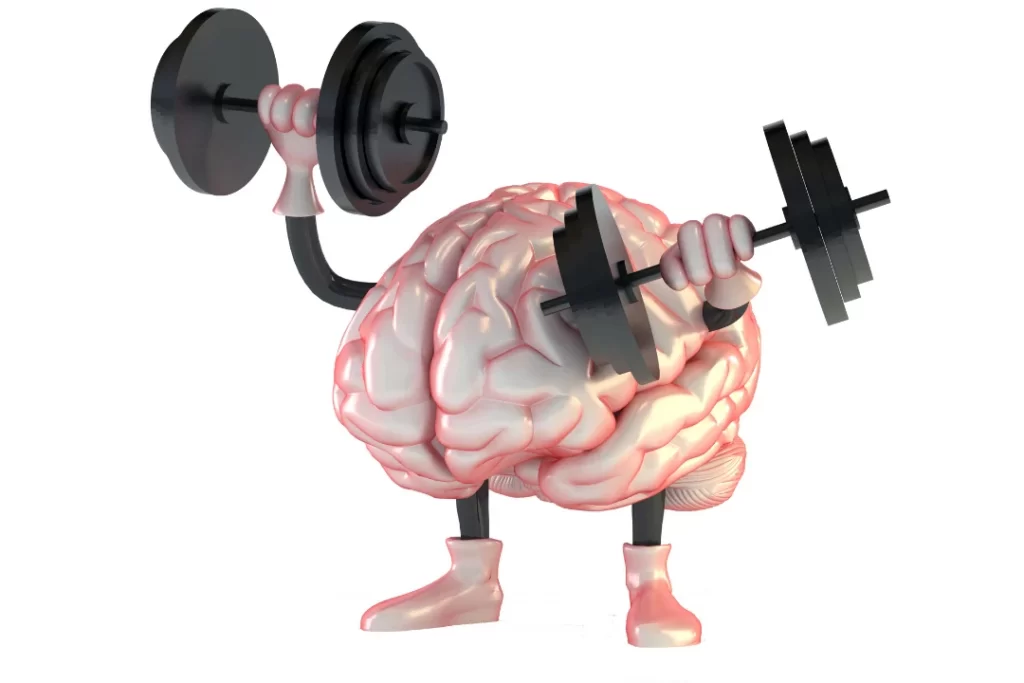 Brain model doing exercise with iron rods. 