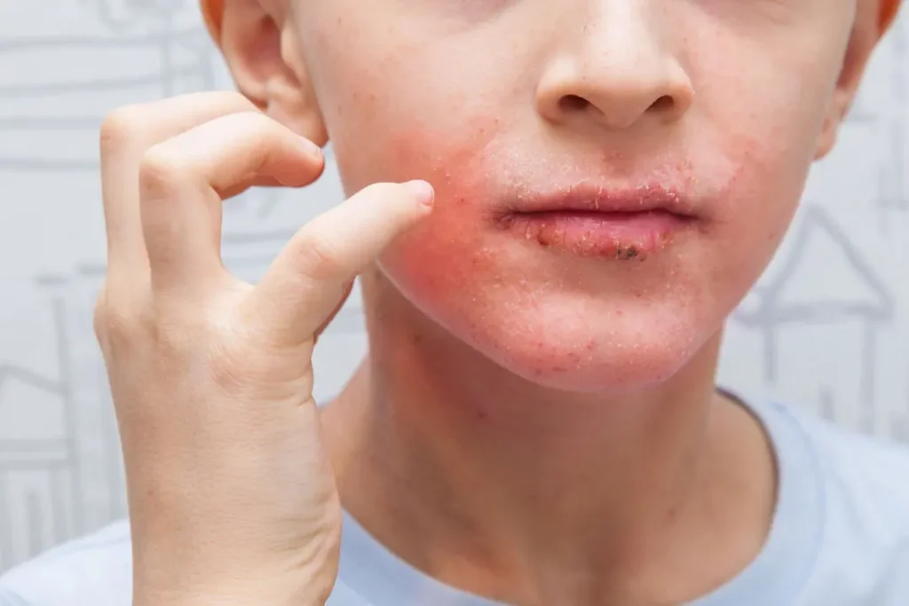 Allergy on Childs face causes redness. 