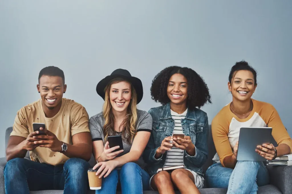 A group of friends looking happy. 