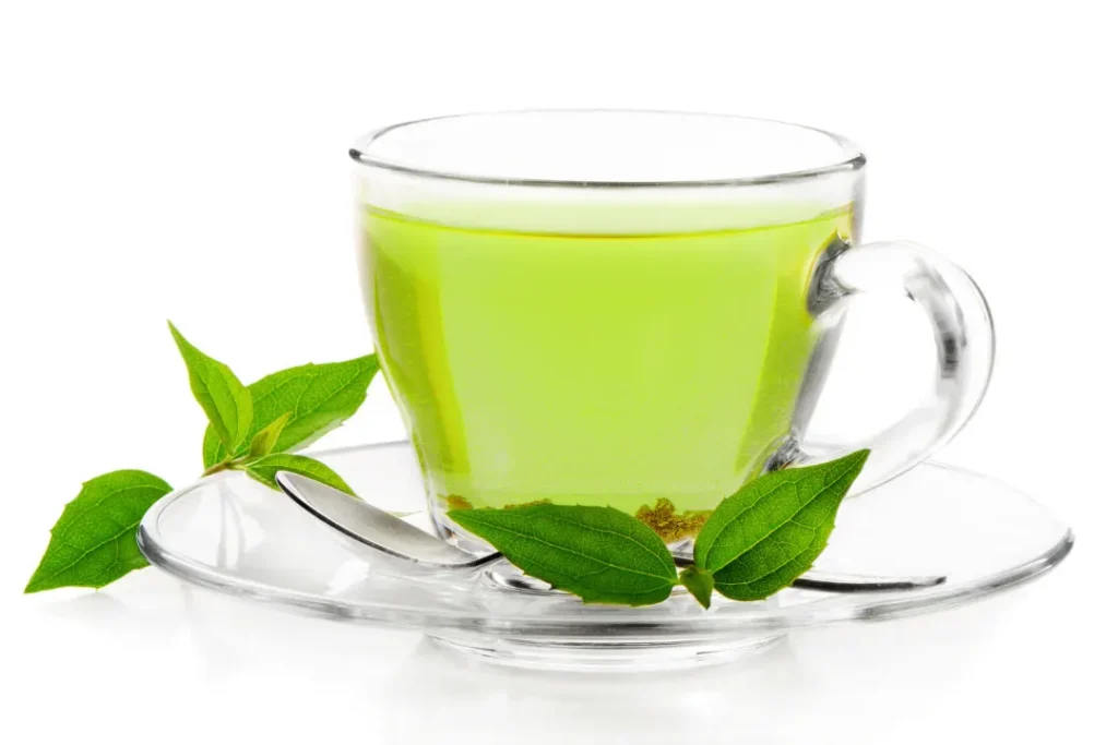 green tea cup on white background.