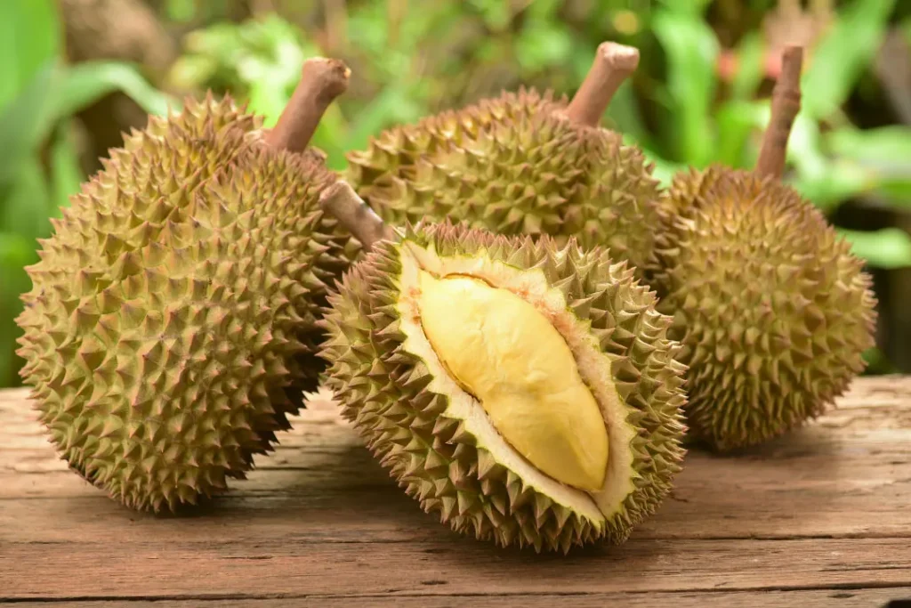 Durians on wooden table