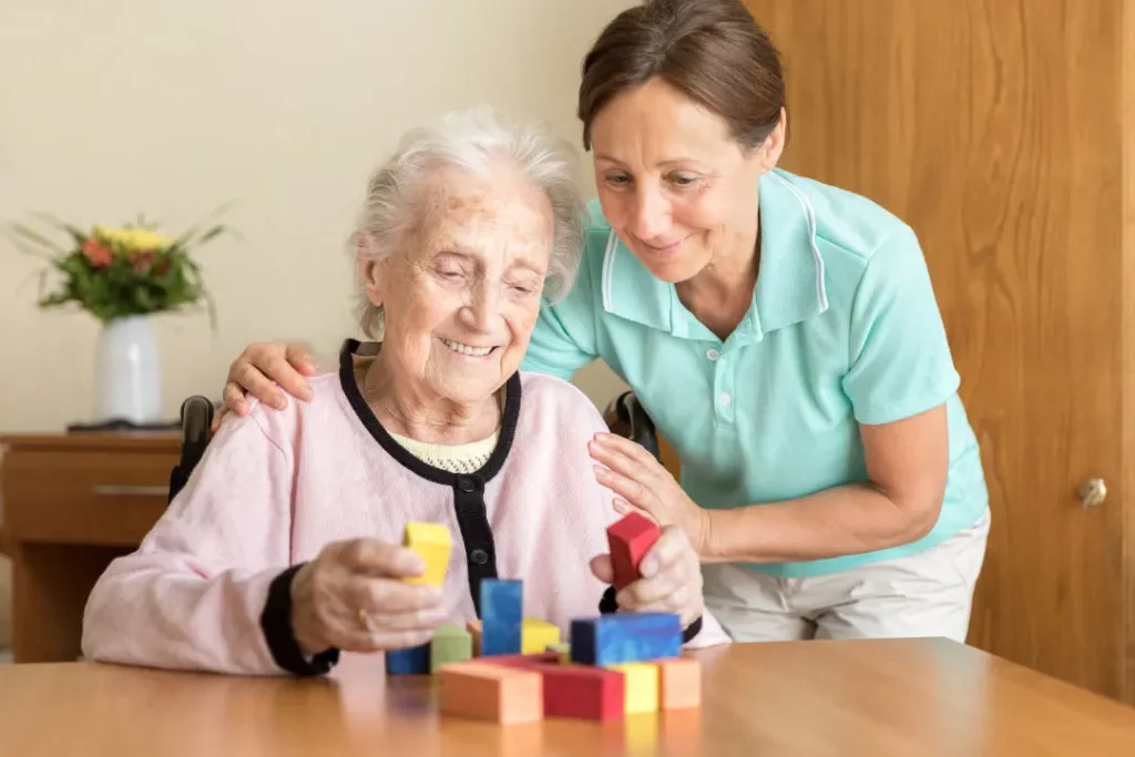 Old lady enjoying with cubes. 