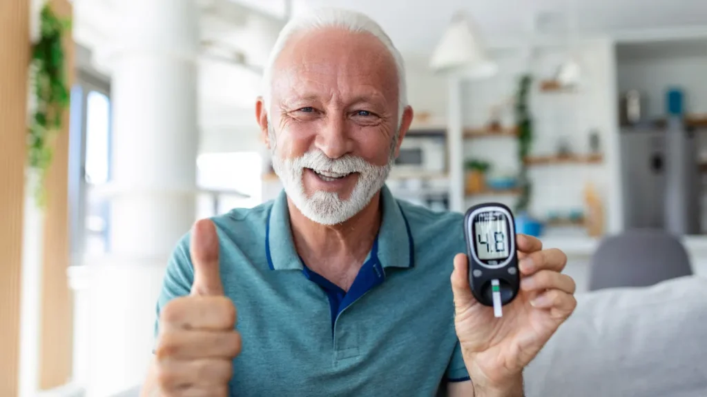 Old man checking his blood sugar level. 