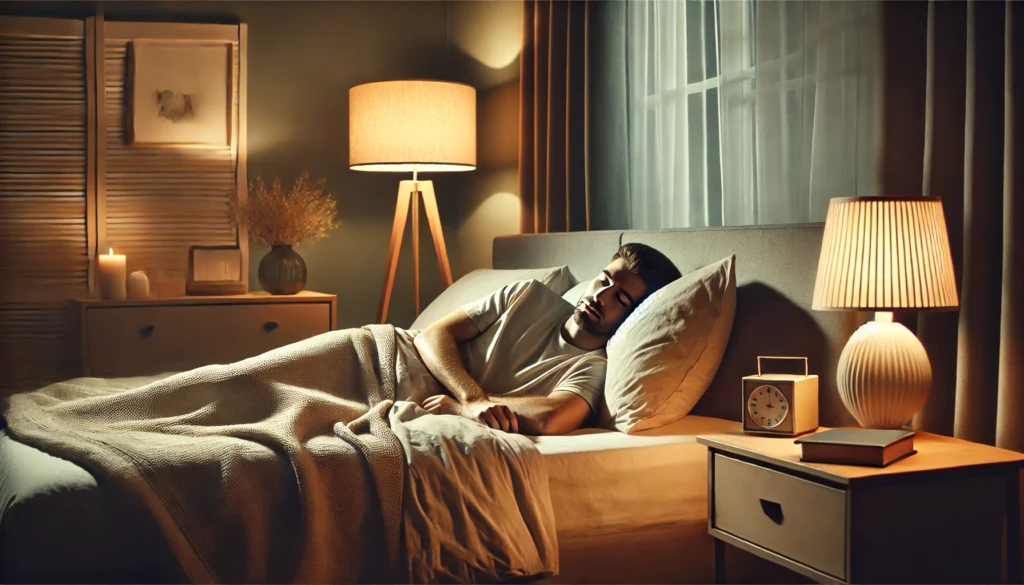 Man is sleeping on bed.