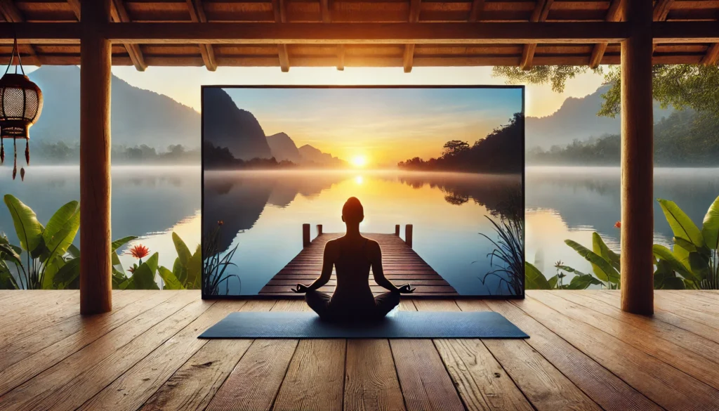 A person practicing mindfulness on a yoga mat at sunrise by a tranquil lake, showcasing balance and the focus formula for mental clarity.