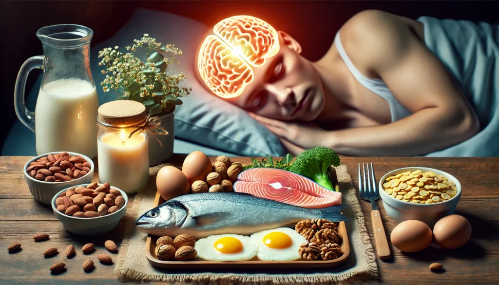 A nutritious meal rich in protein, beautifully arranged on a wooden table. The meal includes eggs, fish, nuts, and legumes, symbolizing brain health,