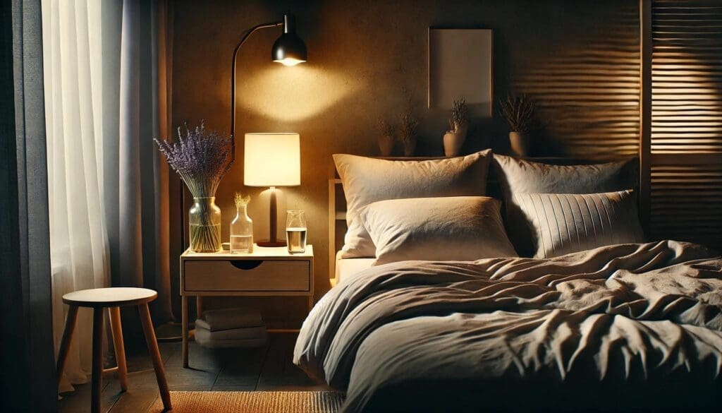 A peaceful nighttime bedroom scene showcasing good sleep hygiene: a cozy bed with soft linens, dim lighting from a bedside lamp, and calming elements like a lavender plant and a glass of water on the nightstand. The image promotes relaxation and mental well-being.