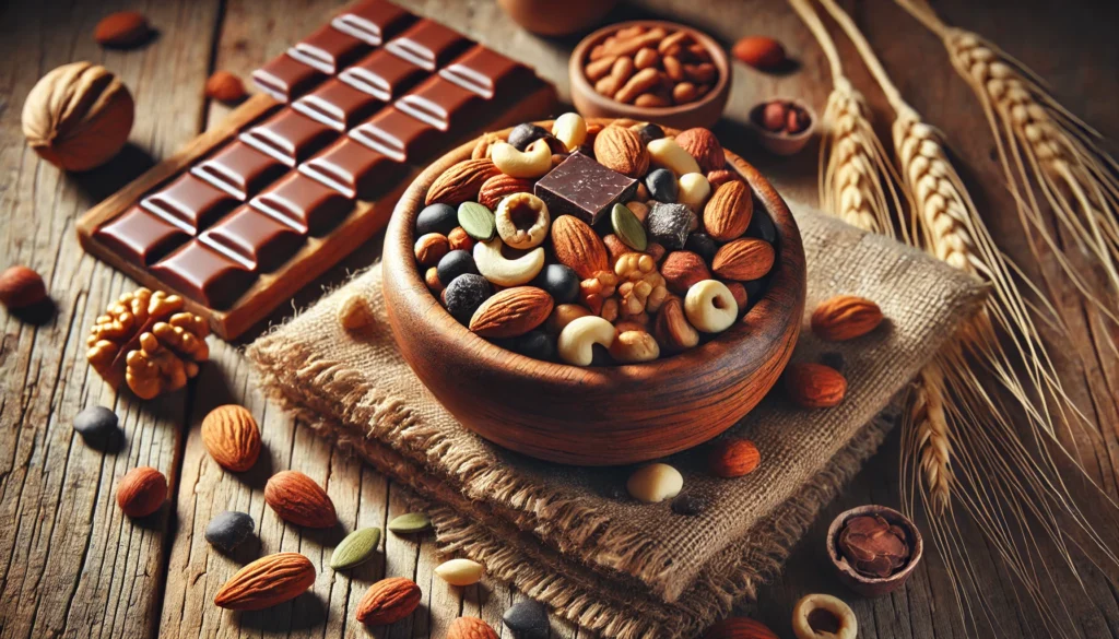 A rustic bowl of mixed nuts, seeds, and dark chocolate pieces, emphasizing nutrient-dense snacks to enhance focus and energy
