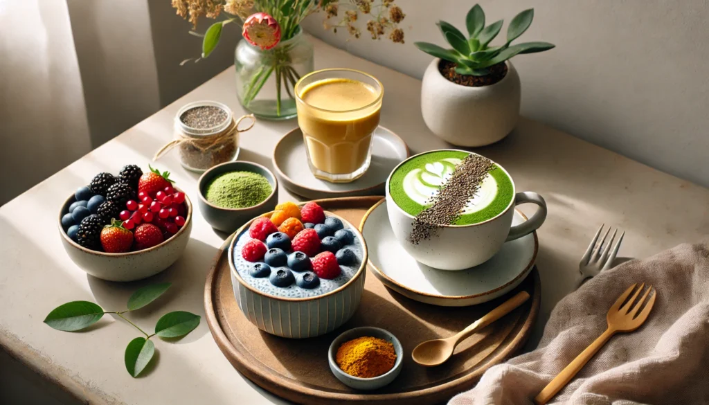 Cozy morning setup with a cup of matcha tea, turmeric latte, and chia seed pudding topped with fresh berries, promoting superfoods for sustained energy and concentration