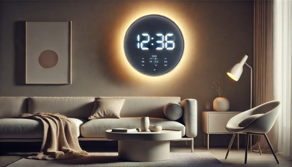 A softly lit modern living room showcasing a contemporary digital clock on a coffee table. The room features a cozy sofa, minimal decor, and a calming color palette, emphasizing peace and simplicity.