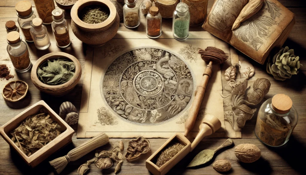 A historical depiction of ancient herbal medicine practices, featuring an old manuscript with herbal illustrations, traditional apothecary tools, and dried herbs from ancient civilizations like Egypt, China, and Greece.