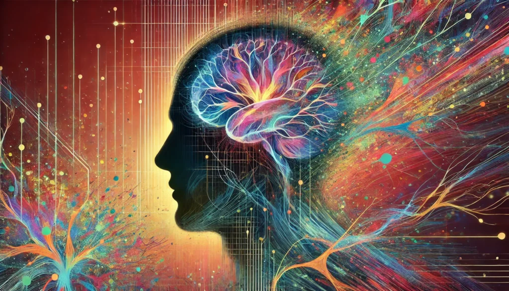 Abstract digital painting of a human silhouette with chaotic neural connections and fragmented thoughts, symbolizing cognitive overload caused by anxiety