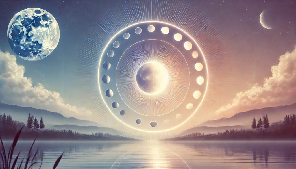 An artistic depiction of circadian rhythms featuring a circular transition of the sun and moon over a tranquil landscape. The soft gradients of light blend from day to night, symbolizing the natural sleep-wake cycle.