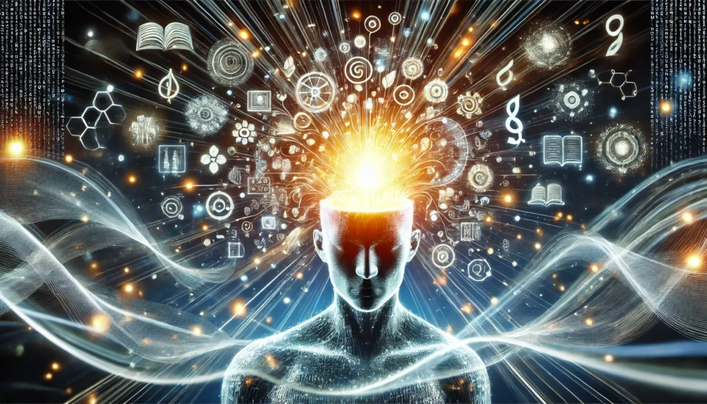 A conceptual image of a person with a glowing head, surrounded by floating energy waves, representing rapid information retention and cognitive enhancement. The aura signifies boosted memory power.