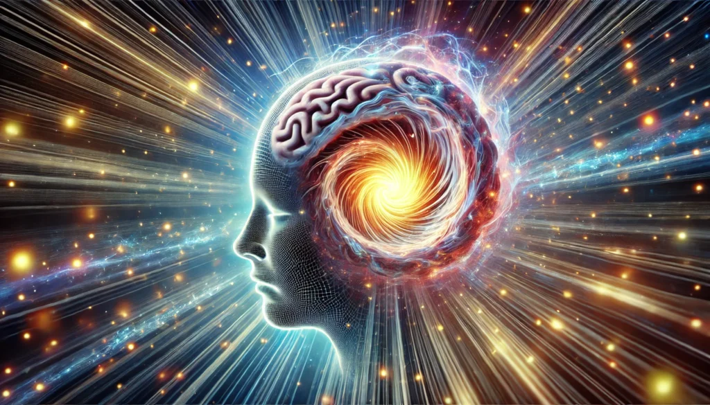 A surreal depiction of a human brain forming from a swirling vortex of light and energy, symbolizing the process of memory enhancement and accelerated learning. The vortex represents the rapid intake of knowledge.