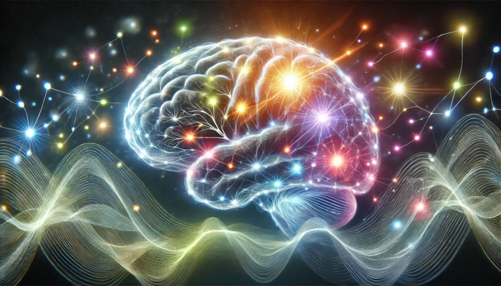A vivid scientific visualization of brain activity during sleep, showing glowing neural connections and colorful waves symbolizing REM and non-REM stages, set against a dark background to emphasize the brain's dynamic processes during rest.