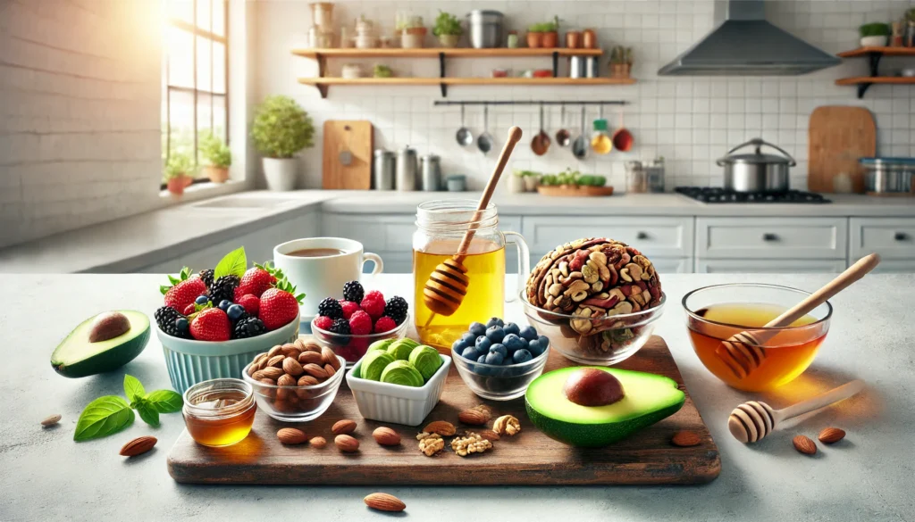 A well-organized kitchen counter displaying brain foods: sliced avocado, bowls of berries, nuts, seeds, honey, and green tea, in a bright modern kitchen with natural sunlight