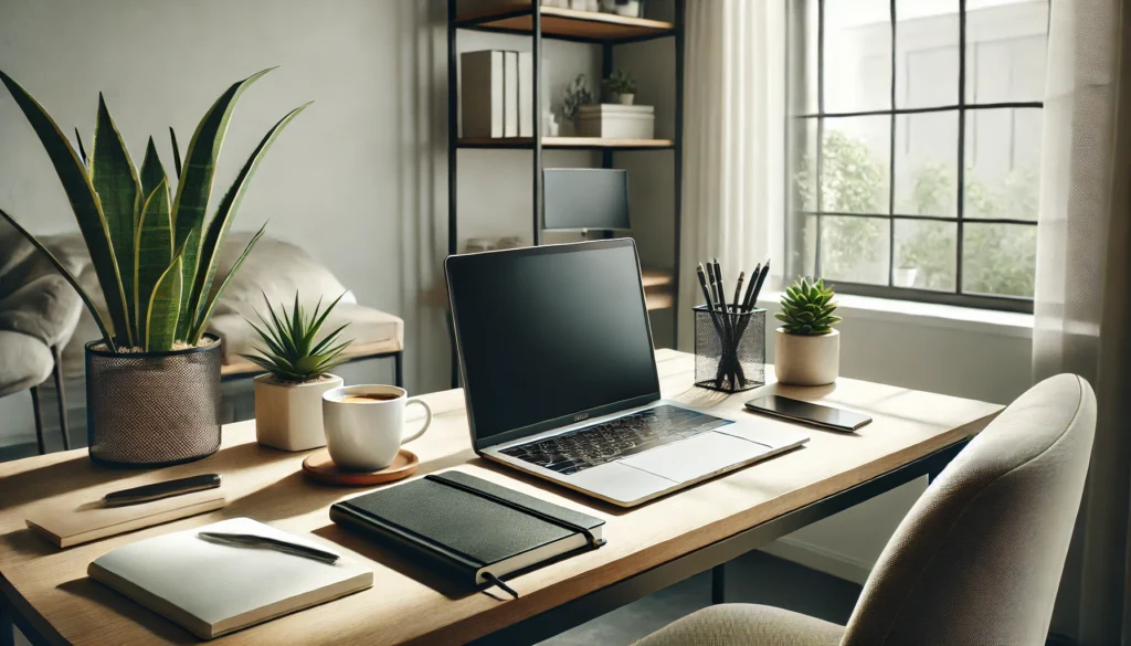 A modern workspace with a sleek desk featuring a laptop, a steaming cup of coffee, a notebook, and a small potted plant. Natural light from a large window enhances the clean and organized setting, inspiring productivity and focus.