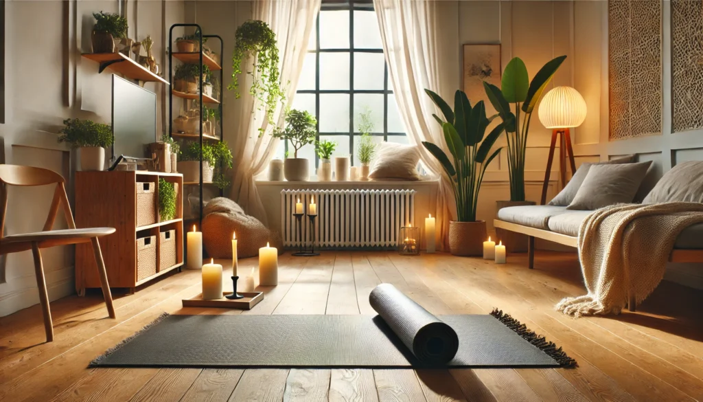 An inviting home yoga space featuring a rolled-out mat on a wooden floor, complemented by calming elements such as candles, plants, and soft natural light streaming through large windows. This serene setup is perfect for mindfulness, relaxation, and unwinding before restful sleep.