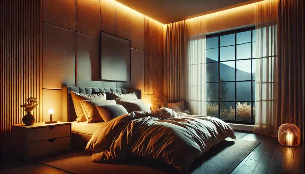 A modern minimalist bedroom at night, featuring warm ambient lighting, soft bedding, and an open window inviting cool, fresh air. The scene is designed to evoke a restful and cozy ambiance.
