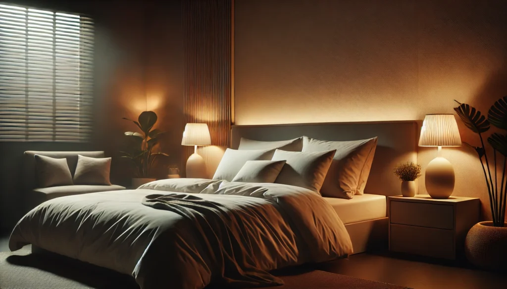 A serene bedroom featuring a comfortable bed with soft bedding and warm ambient lighting. Subtle decor elements like a small lamp and a plant enhance the relaxing atmosphere, perfect for restful sleep.