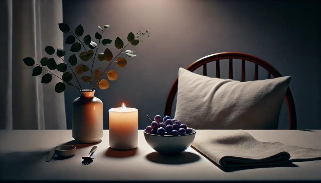 A tranquil dining table setup at night featuring a small bowl of grapes, a softly glowing candle, and a minimalist backdrop. The warm lighting creates a peaceful ambiance perfect for relaxation and promoting sleep.