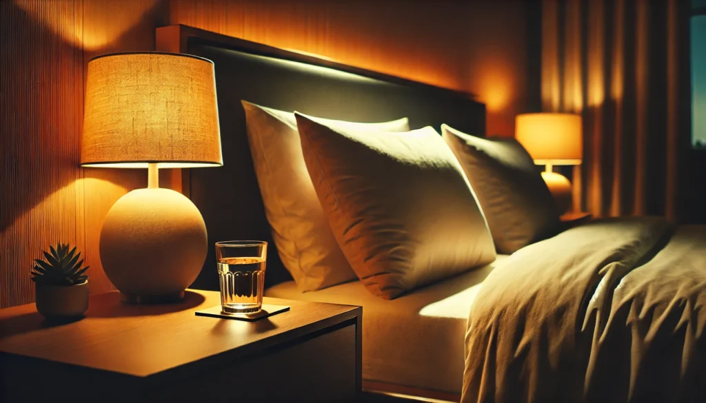 A peaceful bedroom scene with warm lighting from a bedside lamp, a neatly made bed with soft pillows, and a glass of water on the nightstand, creating a tranquil and relaxing pre-sleep atmosphere.