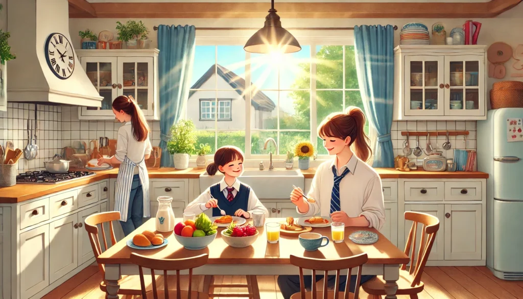 A sunny kitchen with a family enjoying breakfast together, sunlight streaming through large windows, capturing a cheerful atmosphere typical of a school-age morning routine.