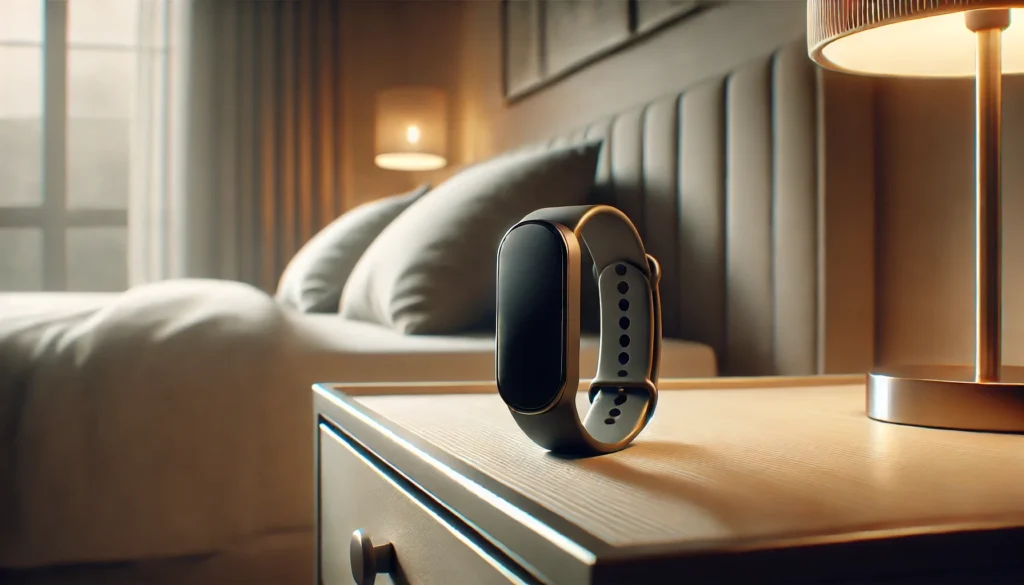 A close-up view of a sleek wearable device with no visible screen, placed on a neutral bedside table in a modern bedroom. The setting features soft, warm lighting and minimalist decor, emphasizing simplicity and tranquility.