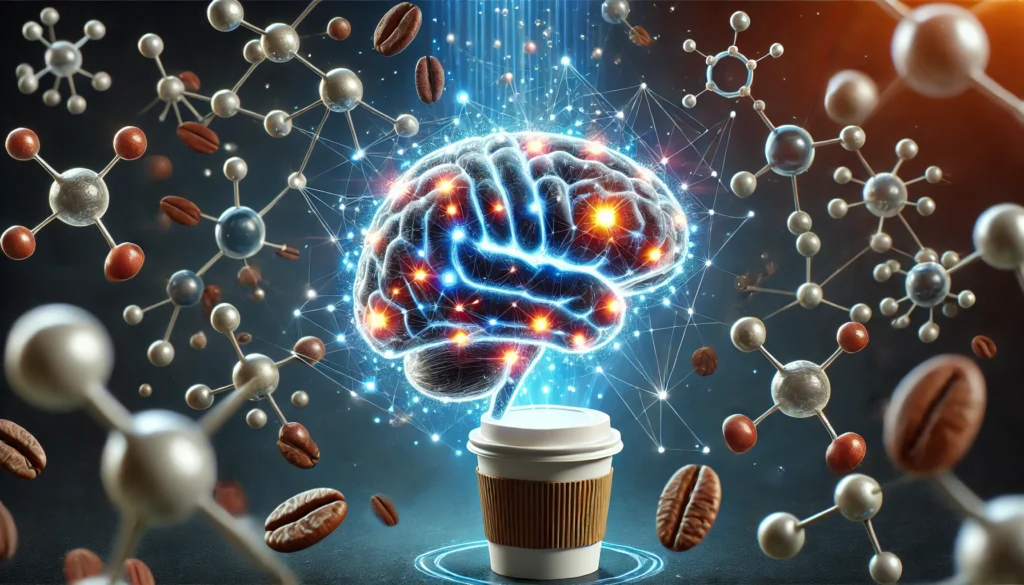 A conceptual illustration of a glowing brain surrounded by neural connections and coffee molecules, placed above a steaming coffee cup, symbolizing the cognitive benefits of caffeine during sleep deprivation.