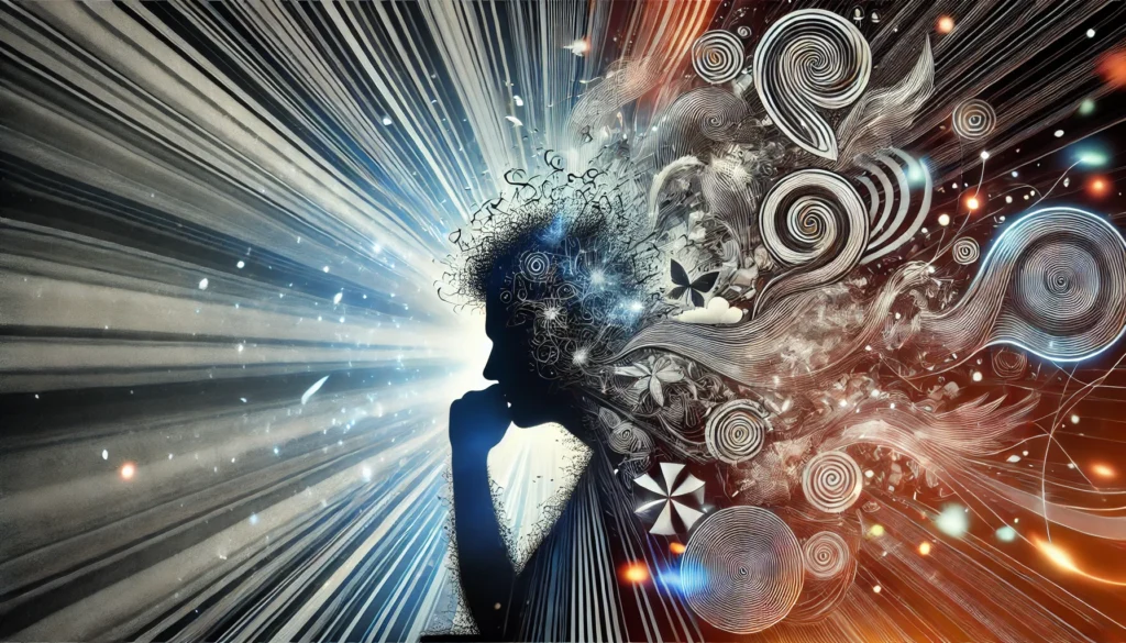 A symbolic representation of sleep deprivation's cognitive and emotional effects, featuring a fragmented silhouette with swirling abstract patterns symbolizing confusion, stress, and fatigue. The background shifts from bright light to dark shadows, reflecting mental strain and instability.