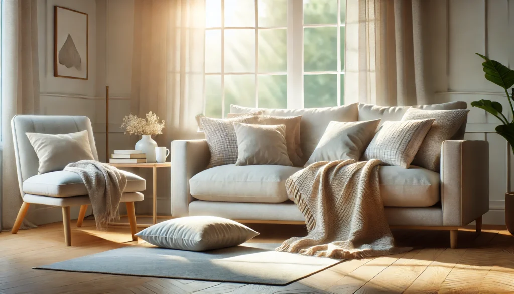 An inviting living room with a couch, throw blanket, cushions, and soft sunlight filtering through large windows, creating a peaceful space for napping.