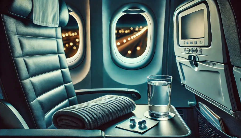 A nighttime airplane cabin view with a tray table holding a glass of water, a pair of earplugs, and a neatly folded blanket, creating a cozy and restful setup under dim cabin lighting.