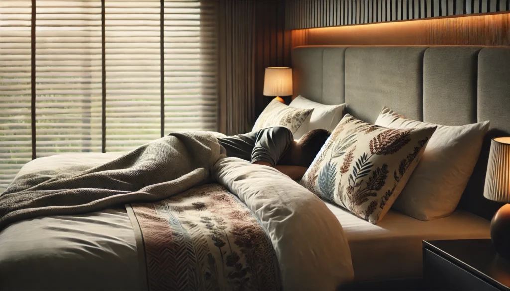 A calming bedroom scene in the early afternoon, with a person napping on a neatly made bed and soft light filtering through closed blinds. The atmosphere is quiet and perfect for a restful daytime nap.
