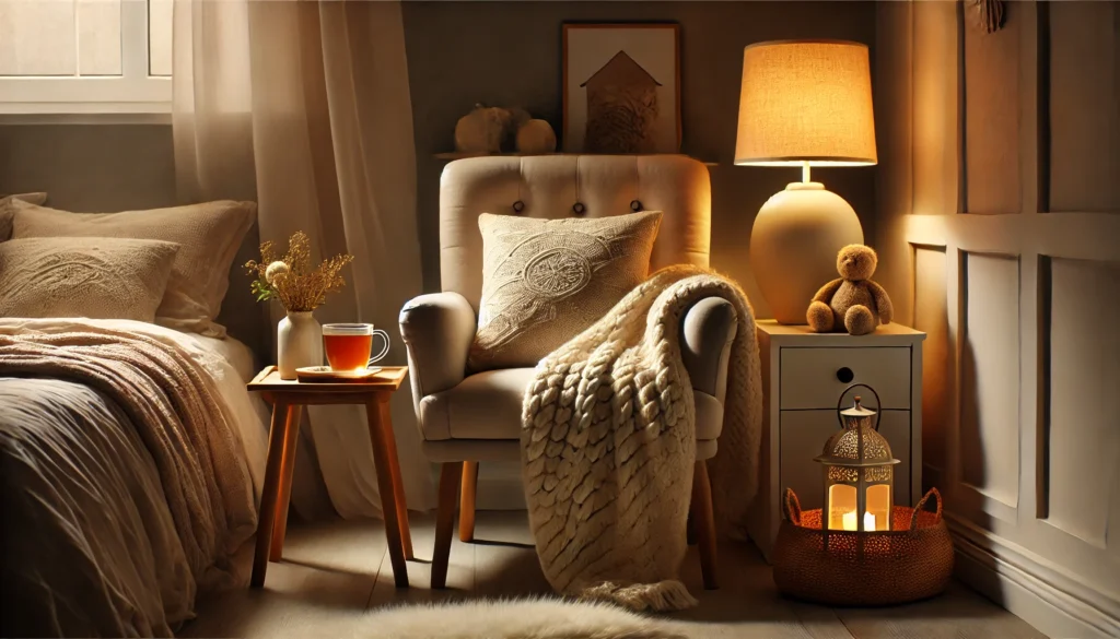 A serene bedroom corner with a soft, plush chair draped in a blanket, a cup of chamomile tea on a side table, and a glowing lamp creating a calming atmosphere ideal for unwinding and preparing for restful sleep.