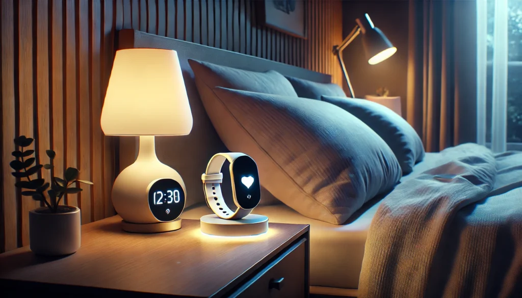 A cozy bedroom at night featuring a glowing smart sleep tracker on a nightstand next to a modern lamp emitting soft light. The setting includes a neatly arranged bed, a minimalist clock displaying a heart symbol instead of numbers, and calming decor enhancing the serene and modern atmosphere, free from logos or textual elements.