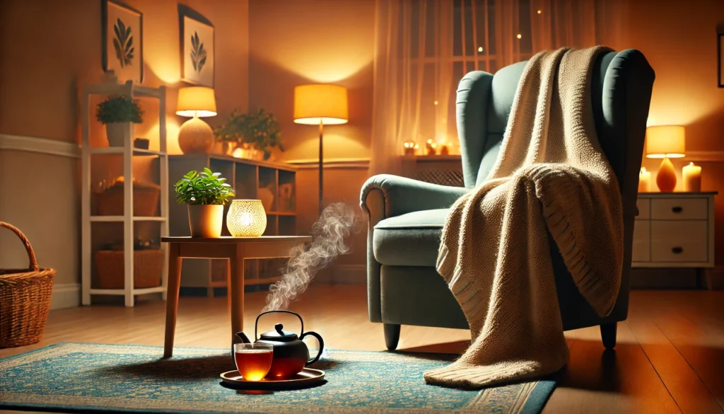 A senior-friendly living room setup featuring a recliner with a blanket, a small table holding a steaming herbal tea cup, and a softly glowing lamp, creating a warm and relaxing nighttime ambiance.