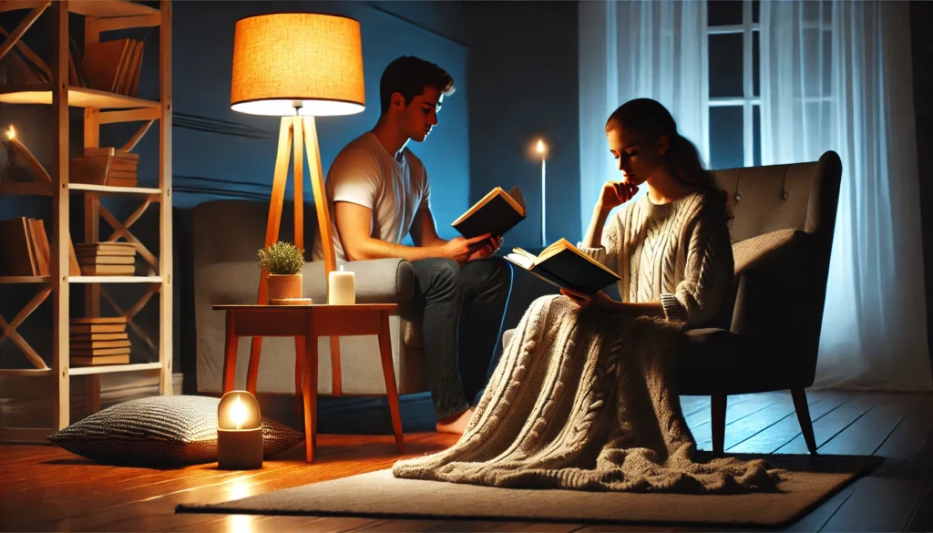 A serene living room at night featuring a comfortable armchair near a glowing floor lamp, a young adult reading a book, and a blanket draped over the chair. The cozy setting emphasizes relaxation and preparation for uninterrupted sleep.