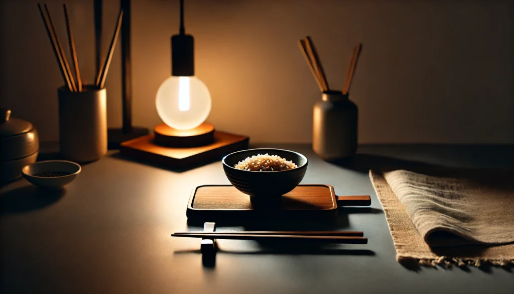 A minimalist kitchen counter at night with a small bowl of brown rice, chopsticks resting beside it, and a warm ambient light, creating a calming and simple atmosphere.