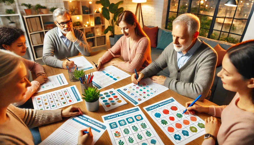 Enhance Cognitive Skills with Free - DALL%C2%B7E 2025 01 10 22.37.56 A Group Of Adults Sitting Around A Table Collaboratively Working On Memory Worksheets For Adults. The Worksheets Feature Tasks Like Sequencing And Ma 1024x585.webp