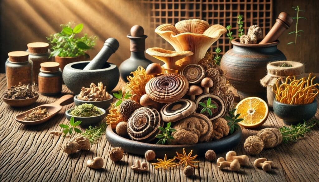A close-up display of adaptogen mushrooms such as reishi, lion's mane, and cordyceps on a rustic wooden table, surrounded by natural herbs, a teapot, and a mortar and pestle, evoking wellness and health.