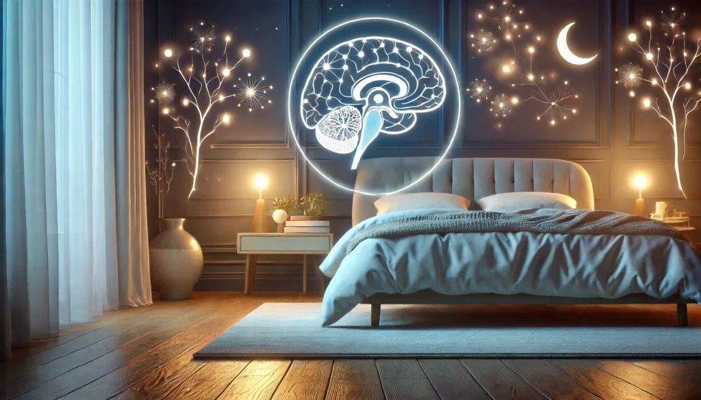 A serene bedroom scene at night with soft ambient lighting, a cozy bed, and a peaceful atmosphere, symbolizing the hypothalamus’s role in regulating sleep-wake cycles for optimal rest.