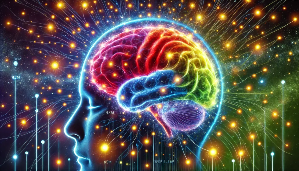 A vibrant artistic depiction of the human brain during various sleep stages, highlighting glowing active regions during REM and deep sleep, entirely free of text elements.