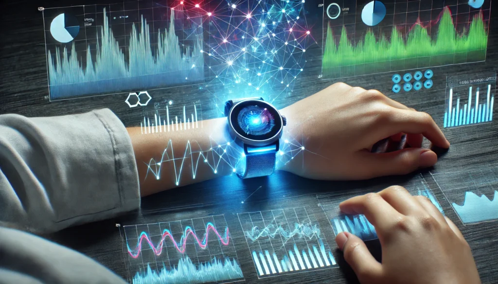 A glowing wearable device analyzing sleep patterns with abstract digital graphs, symbolizing the integration of sleep tracking technology in optimizing cognitive function and academic success.