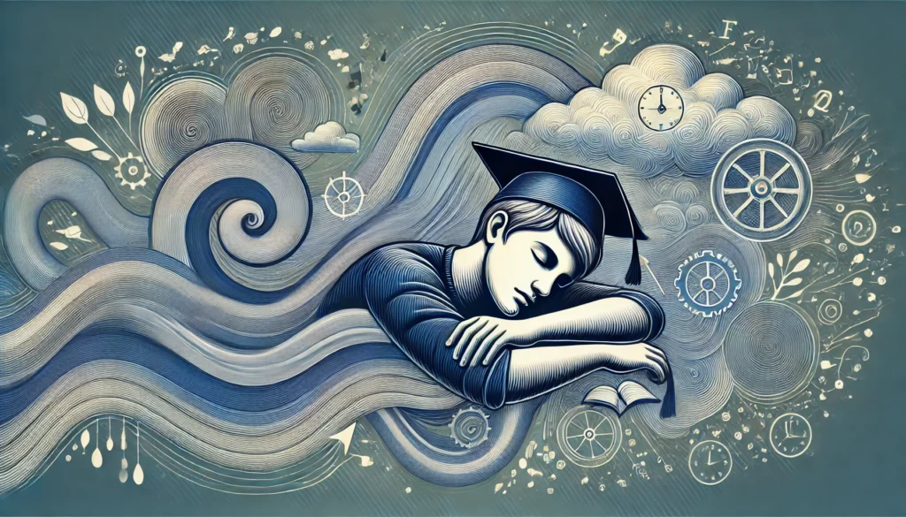 An artistic depiction of a college student peacefully sleeping with abstract waves symbolizing memory consolidation and the cognitive benefits of restful sleep.