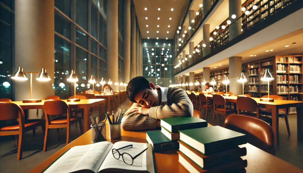 A serene college library at night with soft lighting and a student napping over their books, symbolizing the balance between study and rest for academic success.