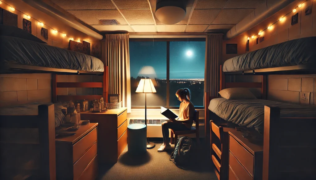 A serene dorm room at night with a student reading under soft lamp light, highlighting the importance of a calming bedtime routine in college life.
