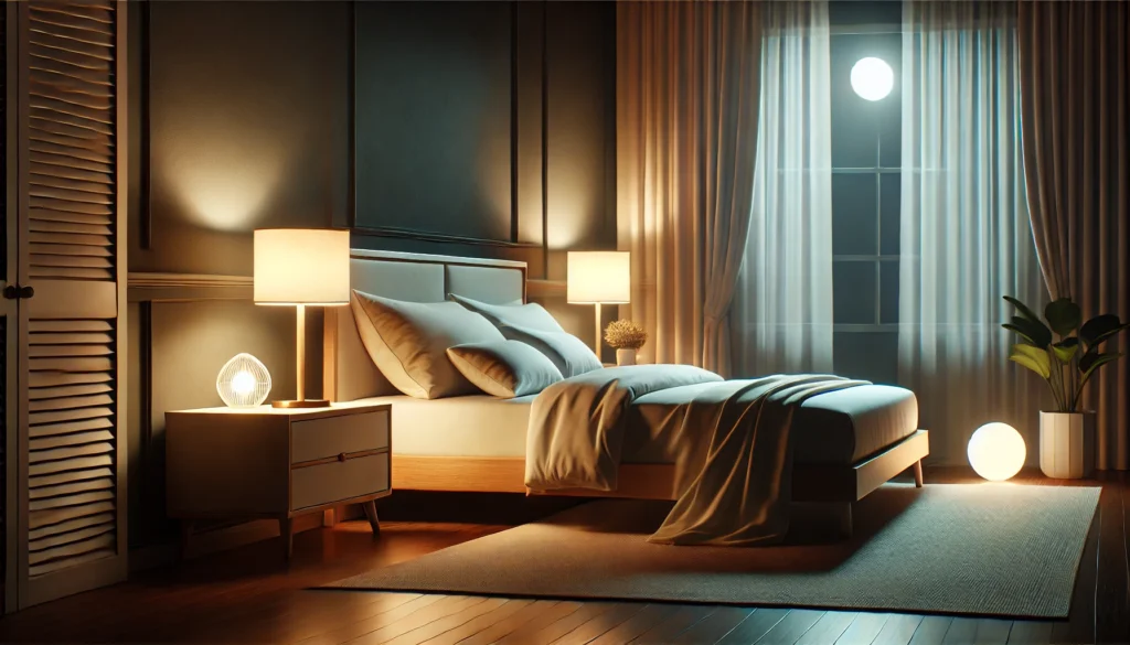 A serene bedroom at night with a neatly made bed and soft ambient lighting, creating a calming atmosphere ideal for restful sleep and memory retention.
