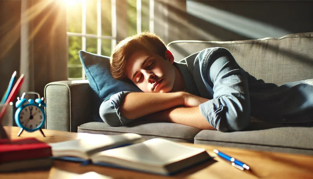 A peaceful scene of a student napping on a comfortable couch in the afternoon, with sunlight streaming through a window, symbolizing the cognitive benefits of short naps.