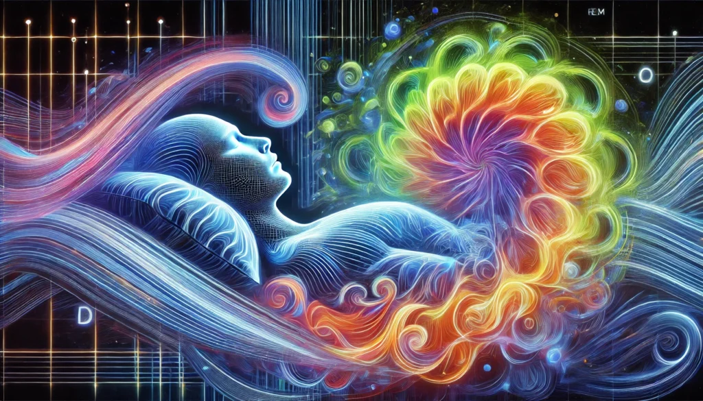 A vibrant and futuristic illustration of sleep cycles with flowing patterns, highlighting transitions between REM and deep sleep stages and their role in memory processing.